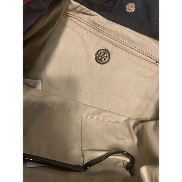 Tory Burch Ella Tote Bag Large Black Patent Leather Logo Nylon - Picture 5 of 9